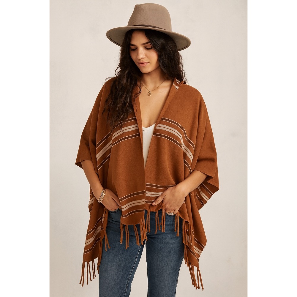 Anthropologie Fringe Poncho Capelet Brown Striped Womens One Size Open Front